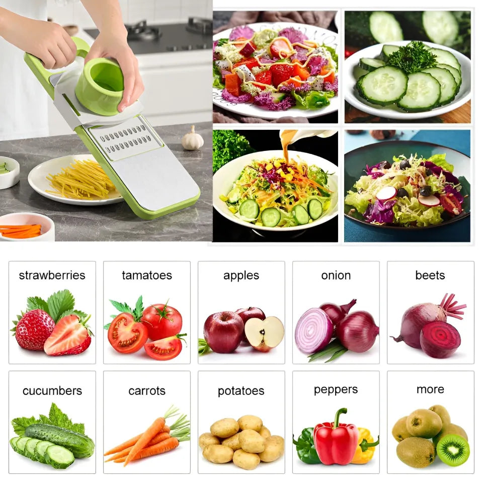 iFlashDeal Vegetable Sli-cer Cu-tter Gra-ter Cho-pper Food S-licer Dic-er Hand Gu-ard Set Kitchen Manual Sli-cer Kitchen Tool Accessories Stainless Steel Rust-Free Bla-des with 5 Removable Bla-des and Storage Box