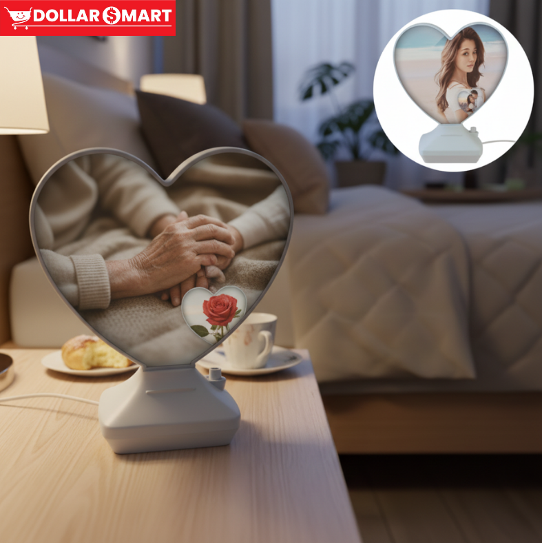 A living room with a 2-in-1 Magic Photo Frame & Mirror hanging on the wall, surrounded by other decorative items