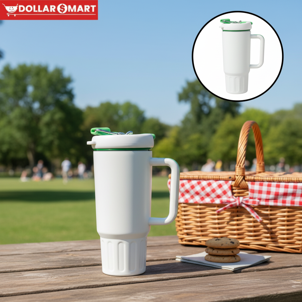 Stylish tumbler with handle and flip straw for hot and cold drinks