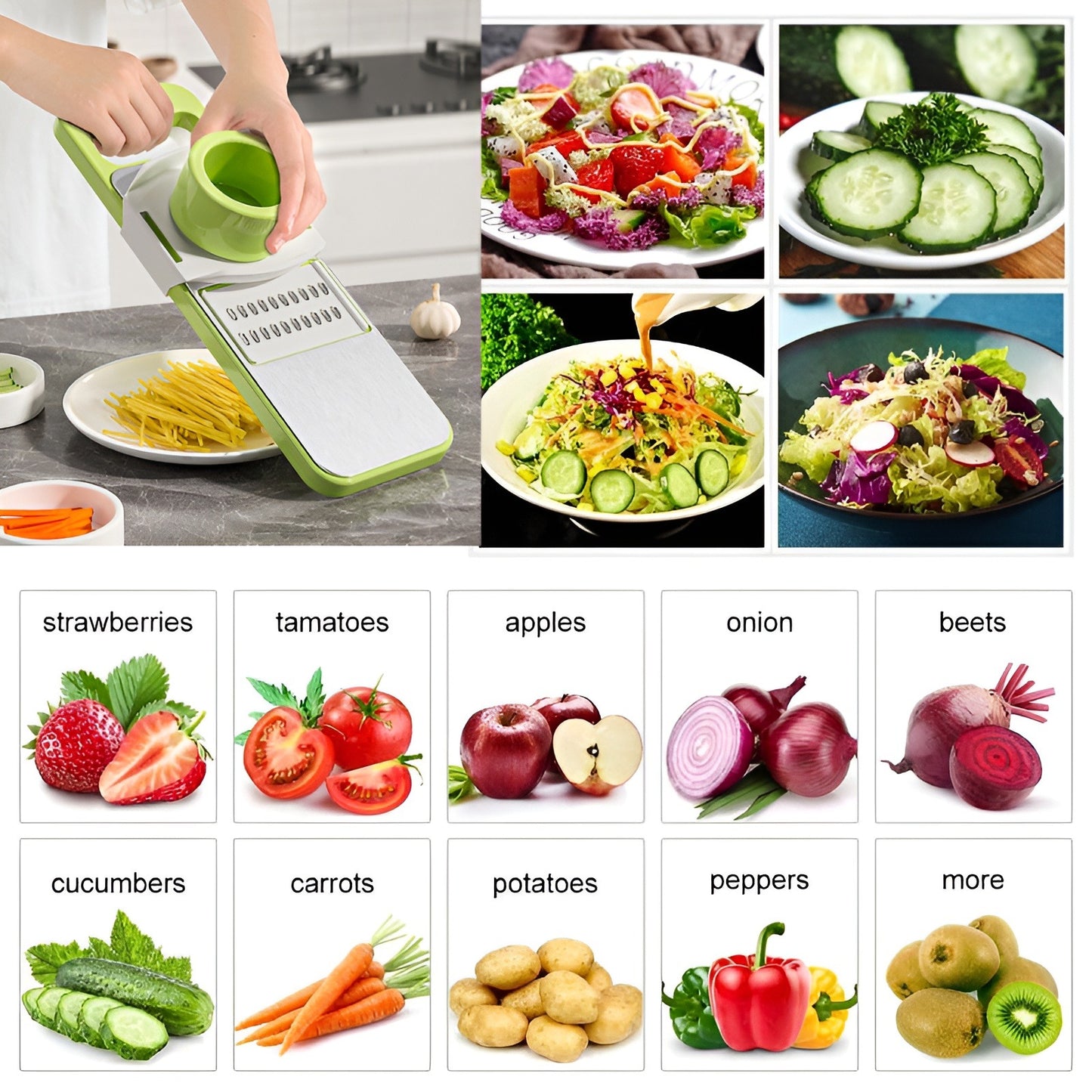 iFlashDeal Vegetable Sli-cer Cu-tter Gra-ter Cho-pper Food S-licer Dic-er Hand Gu-ard Set Kitchen Manual Sli-cer Kitchen Tool Accessories Stainless Steel Rust-Free Bla-des with 5 Removable Bla-des and Storage Box
