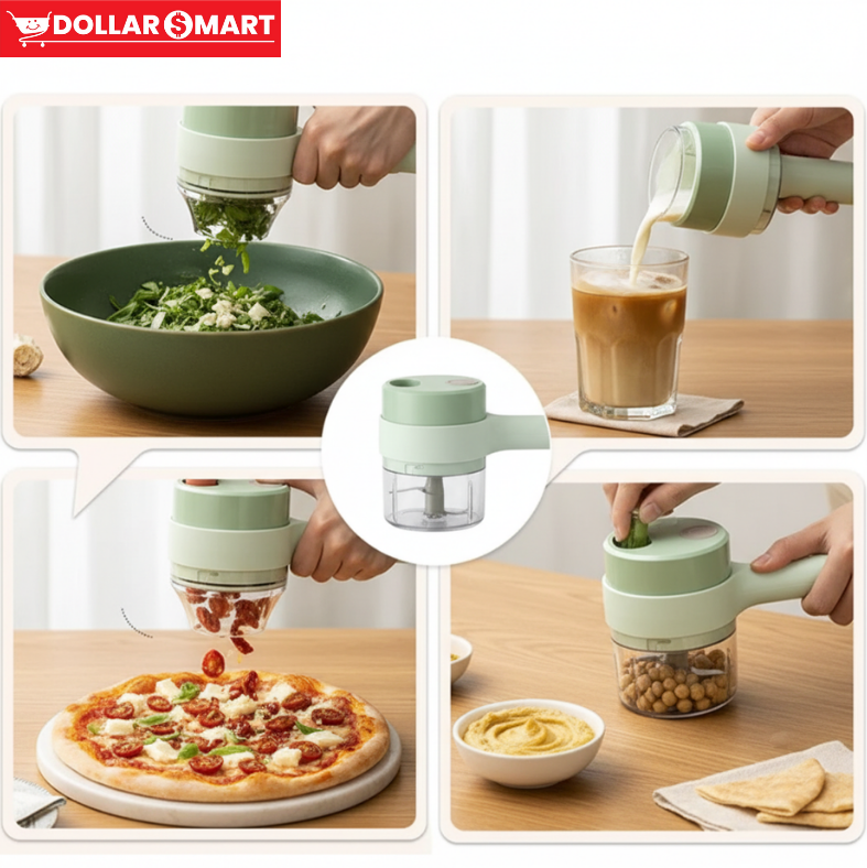 Product close-up shot of 4-in-1 Handheld Electric Food Processor with its different attachments