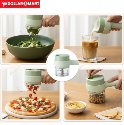 Product close-up shot of 4-in-1 Handheld Electric Food Processor with its different attachments