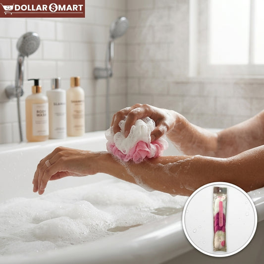 A high-density mesh bathroom loofah with a hanging cord for easy drying