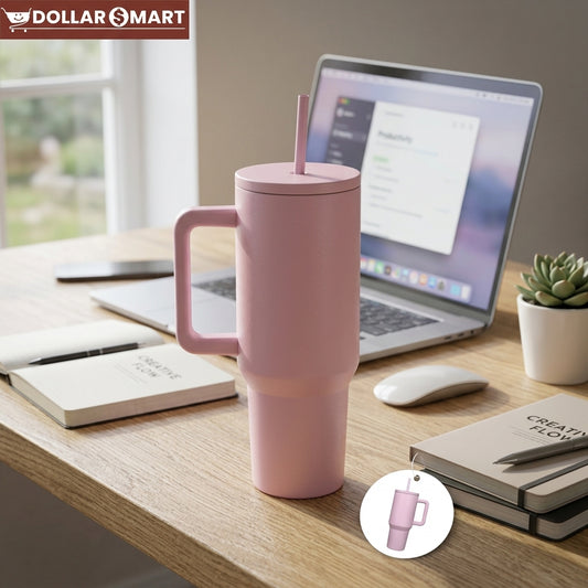 Pink insulated tumbler cup with straw and secure seal lid