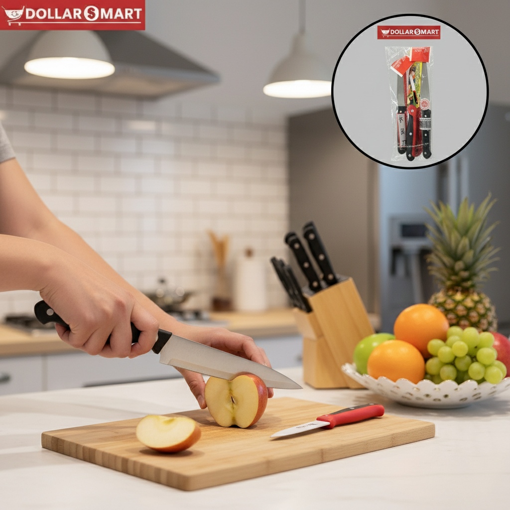 Three-piece knife set for chopping, slicing, and mincing food items