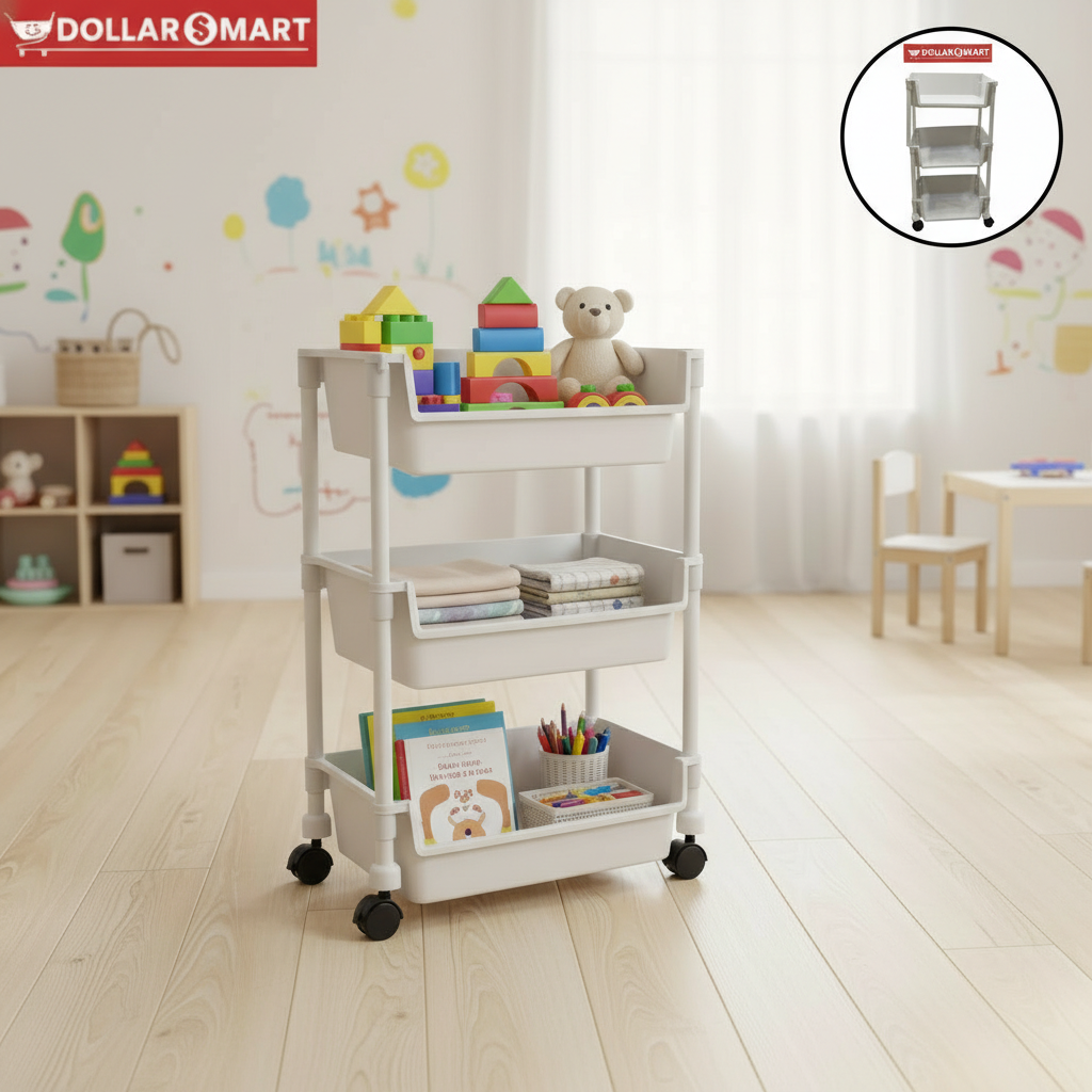 3 Layer Plastic Organizer Rack Trolley with 3 storage levels displayed on a clean background