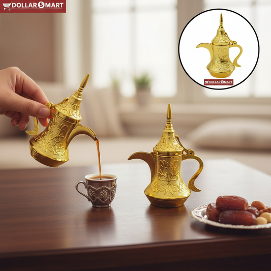 Traditional Arabic coffee pots in a small, 2-piece decorative set with a polished surface.