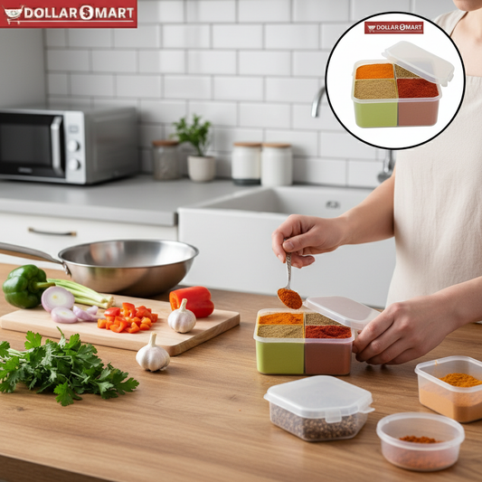 A colorful 4-compartment spice box for storing spices in the kitchen