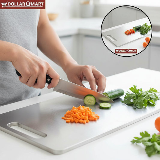 Stainless steel cutting board with lip and easy-clean surface