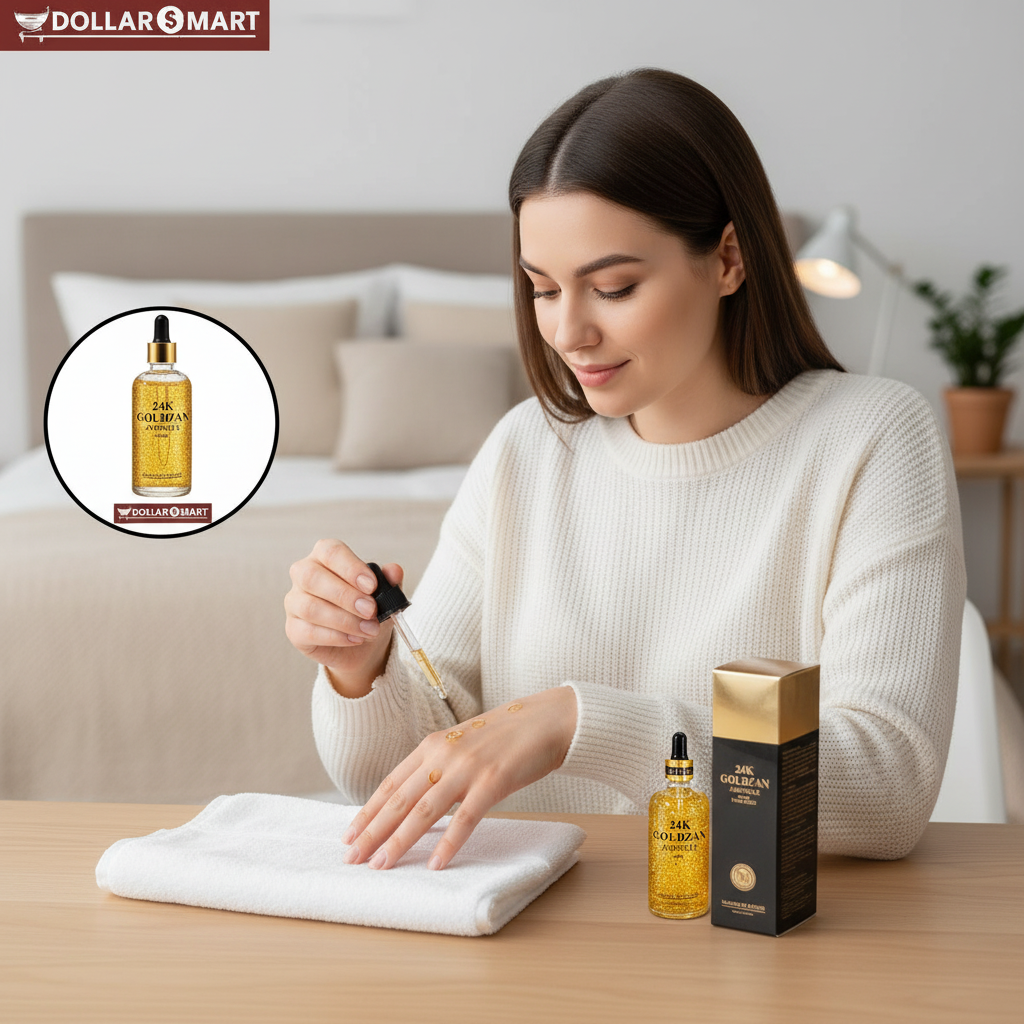 Glass bottle of 24K Goldzan Ampoule Skin Serum with golden cap