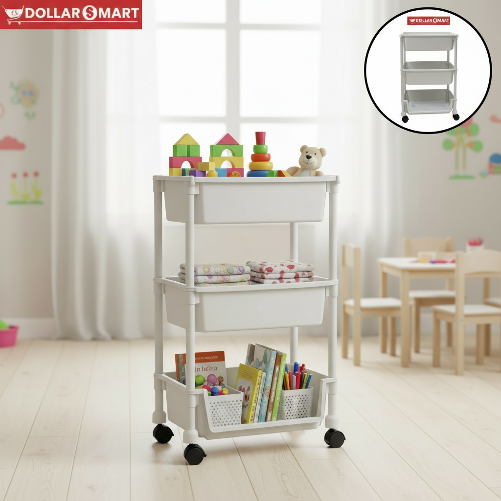 3 Layer Plastic Organizer Rack Trolley in practical use, holding kitchen utensils and cleaning supplies