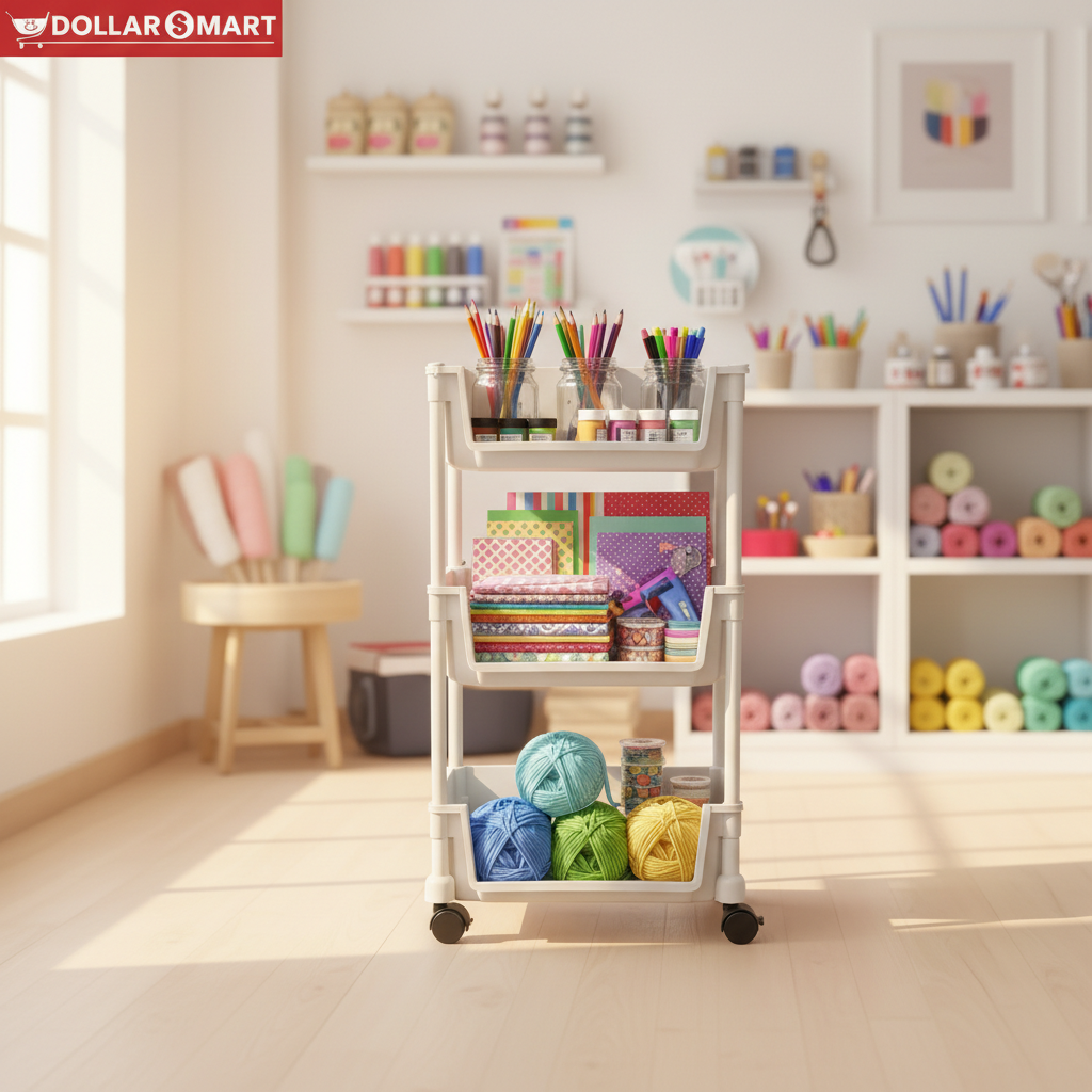 Close-up of 3 Layer Plastic Organizer Rack Trolley's durable plastic construction and smooth-rolling wheels