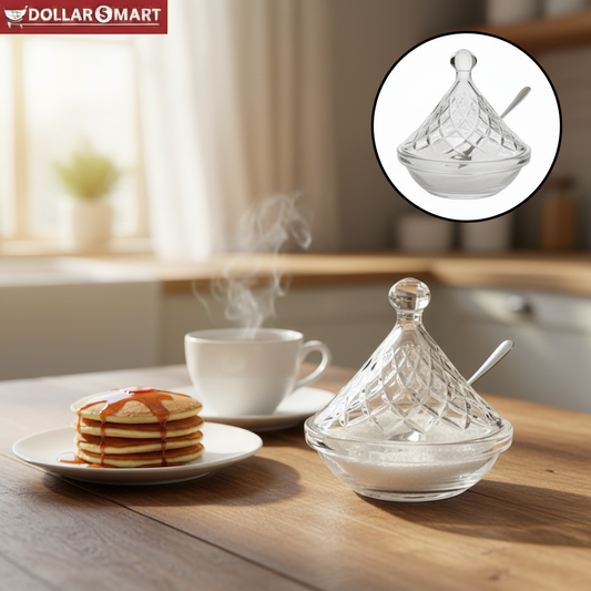 Elegant glass sugar pot with lid for storing sweetener in the kitchen