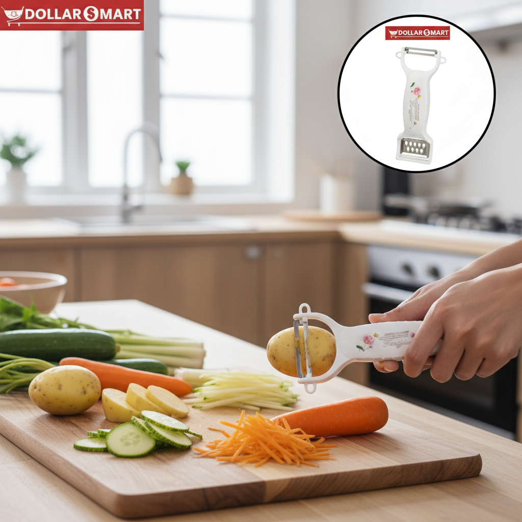Close-up of 2 in 1 Peeler with ergonomic handle and sharp peeling edge - Available at Dollar$ Mart