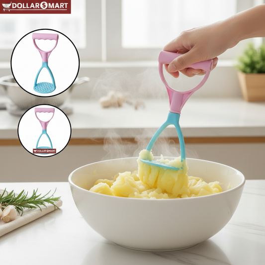Ergonomic potato masher tool with heavy-duty mashing plate