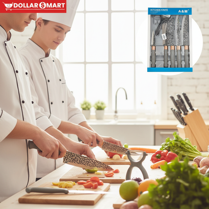 A&M Kitchen Knife Block 6 PCS - Set Arranged on Wooden Counter