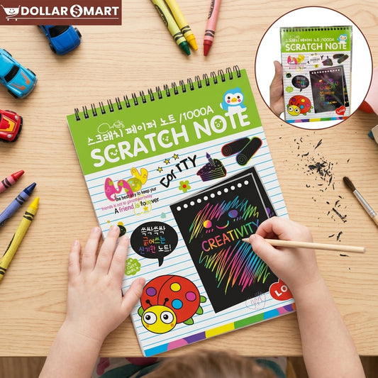 A scratch notebook with rainbow color reveal technology and a wooden scratch stylus